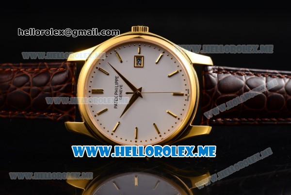 Patek Philippe Calatrava Miyota Quartz Yellow Gold Case with White Dial and Brown Leather Strap Stick Markers - Click Image to Close